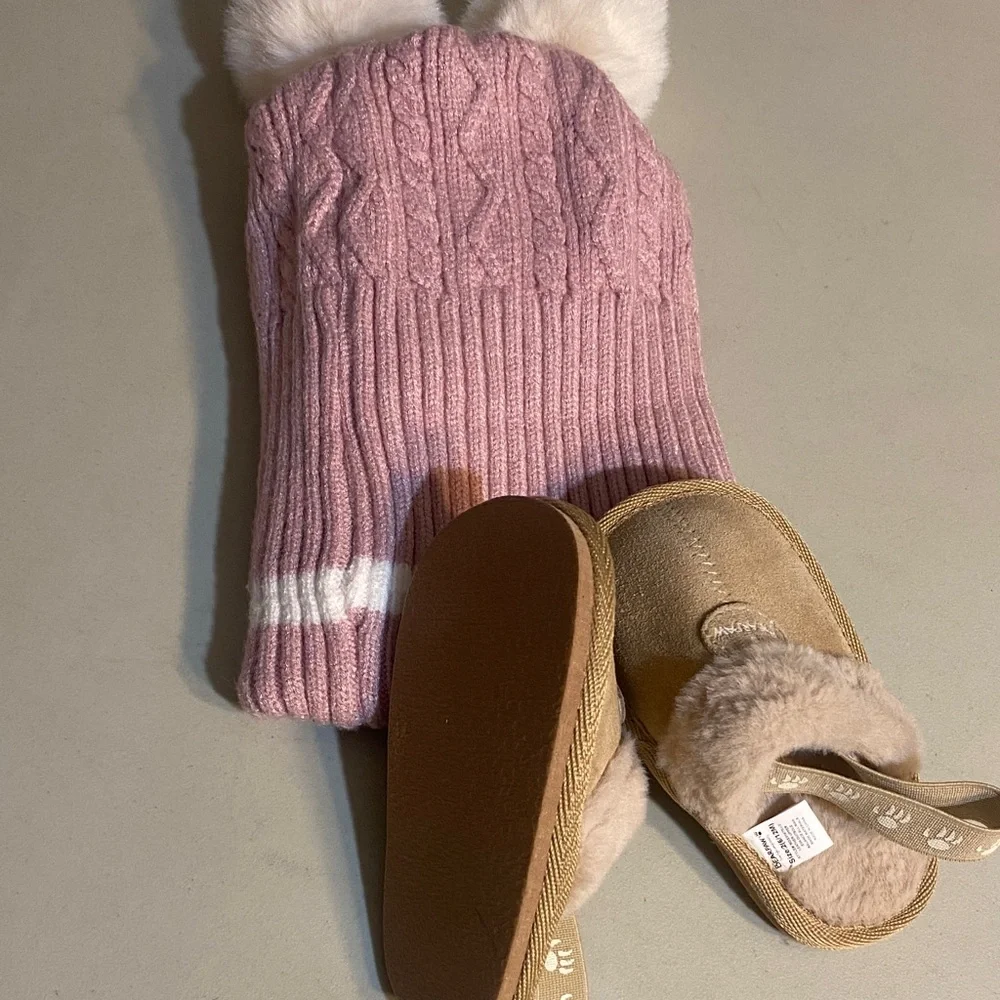 BearPaw Pink Cable-Knit Hat with Pom Poms & Matching Mittens